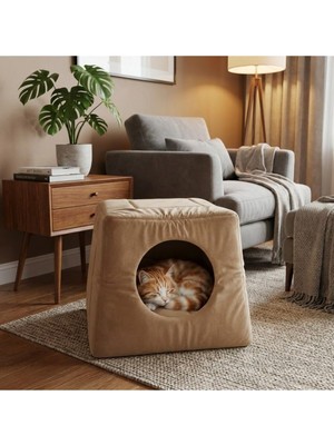 Frefly Store Brt Pet 3 Fonksiyonlu Kedi Yatağı ve Küçük Irk Köpek Yatağı, Bej