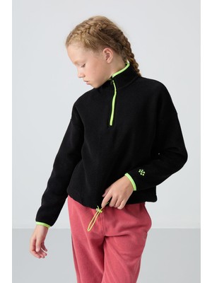 Frefly Store Siyah Kalın Yumuşak Dokulu Standart Fit Nakışlı Polar Kız Çocuk Sweatshirt - 75151