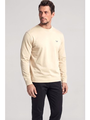 Frefly Store Erkek Kartal Logo Işlemeli Yuvarlak Yakalı Uzun Kollu Vizon T-Shirt EM005362 AF13669-U1156