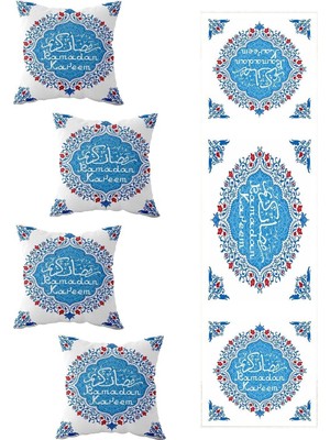 Frefly Store Pelangi Etnik Ramazan Salon Mutfak Masa Değişik Ranır Modelleri Dekoratif 4'lü Kırlent Kılıfı ve Runner Seti, Mavi-Beyaz 40 x 140