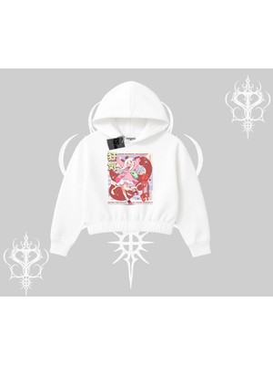 Frefly Store Tarzsokak Kapşonlu Crop Sweatshirt Madness Unleashed Anime Girl Baskılı, Beyaz, M
