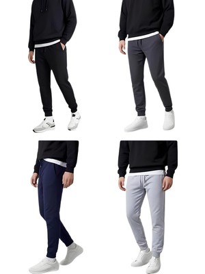 Frefly Store Erkek Siyah-Lacivert-Antrasit-Gri Arka Cep Etiket Detaylı Paça Lastikli Regular Fit 4'lü Eşofman Altı (M)
