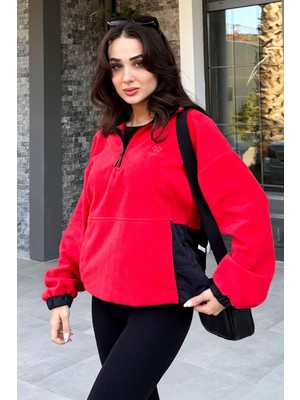 Frefly Store Fiesta Yarım Fermuar Etek Ucu Büzgülü Dik Yaka Oversize Kadın Polar Sweatshirt - 97236