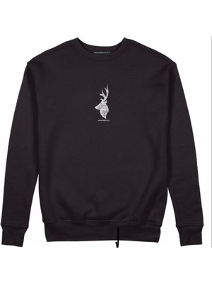 Frefly Store Tarzsokak Siyah Geyik Baskılı 0 Yaka Pamuklu Unisex Sweatshirt, Siyah, Xl
