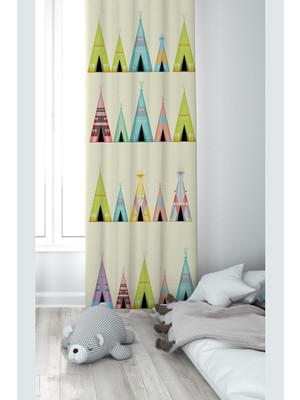 Frefly Store Pelangi Krem Çadır Desenli Dijital Baskı Yıkanabilir Bebek Çocuk Odası Fon Perdesi, Krem-Sarı 70 x 240