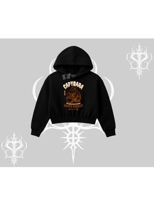 Frefly Store Tarzsokak Kapşonlu Crop Sweatshirt Cute Capybara Enjoying Ramen Noodles Artwork, Siyah, Xl