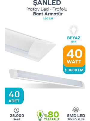 120 cm 40 Watt Yatay LED Bant Armatür-Trafolu Beyaz Işık-1-2-4-5-8-10-20-40 Adettir (Beyaz- 40