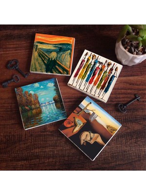 Frefly Store Pinecone Stone Salvador Dalí Belleğin Azmi, Claude Monet Sonbahar, Çığlık, Yerli Kadınlar Taş Bardak Altlığı Seti - 4 Parça - Dekoratif, Rustik Mutfak Aksesuarı, 10X10 Cm, Kaydırmaz Tabanlı SC266