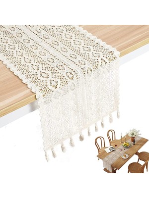 Frefly Store Bolivia's Makrome Masa Örtüsü, 24CM x 180CM Bej Dantel Boho Düğün Masa Örtüsü, Pamuk Kroşe Masa Kapağı, Düğün Partisi Çiftlik Evi Yemek Masası Dekorasyonu
