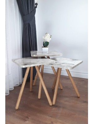 Frefly Store Intergo-Üçlü Zigon Sehpa Ahşap Ayaklı Kare Mermer Desenli Tasarım (Beyaz Mermer)