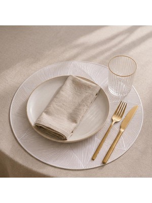 Frefly Store Deconox 6'lı Plastik Amerikan Servis Seti, Yuvarlak 38 cm Beyaz Yaprak Desenli Supla, Yıkanabilir Silinebilir Tabak Altlığı, Yemek Masası Servis Sunum Matı