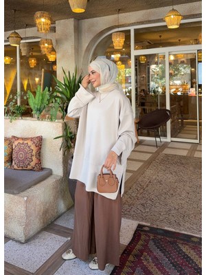 Trendparis Oversize Düşük Omuz Yan Yırtmaçlı Rahat Kesim Günlük Bluz Ekru