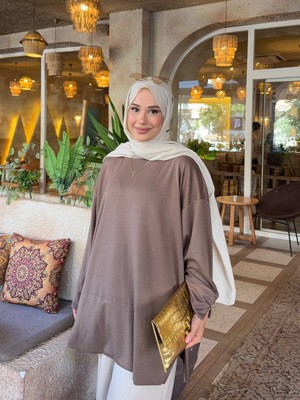 Trendparis Oversize Düşük Omuz Yan Yırtmaçlı Rahat Kesim Günlük Bluz Açık Kahve