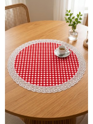Rona Home Yuvarlak Runner 60 cm Kırmızı Beyaz Kareli Güpürlü Masa Örtüsü Mutfak Balkon Piknik Masa Dekoru
