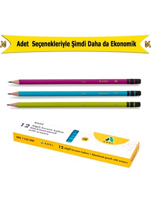 Adel Basic Silgili Yuvarlak Kurşun Kalem 12 Adet Renkli Seçeneklerle Ekonomik Kullanım
