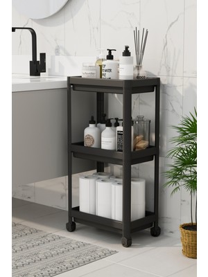 Evonita 3 Katlı Banyo Raf Ünitesi (Peggy) Siyah Banyo Düzenleyici Şampuanlık Havluluk Dolap ( Siyah)