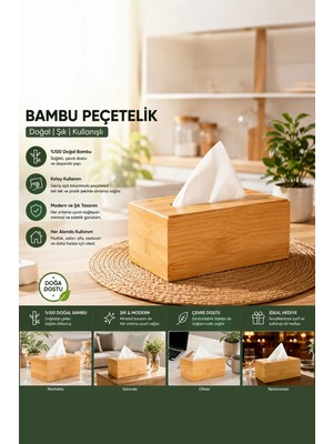 Porsima 0006 Bambu Peçetelik Ahşap Dekoratif Peçetelik Masaüstü Peçetelik Peçete Düzenleyici Peçete Kutusu