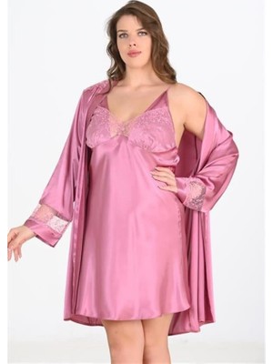 Aria's Closet Premium Büyük Beden Saten Dantel Işlemeli Gül Kurusu 2'li Gecelik Sabahlık Takımı Bigsize