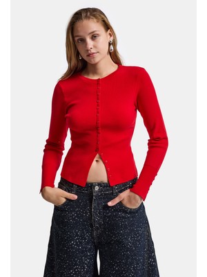 It's Basic Kadın Kırmızı W6-19 Kemer Boy Esnek Kumaş Düğmeli Triko Cardigan