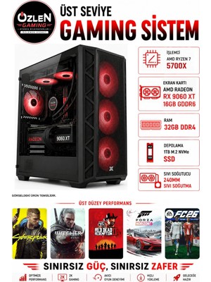 Özlen XL35 RYZEN 7 5700X RX 9060 XT 16GB 32GB RAM 1TB M.2 SSD Üst Seviye Oyuncu Bilgisayarı