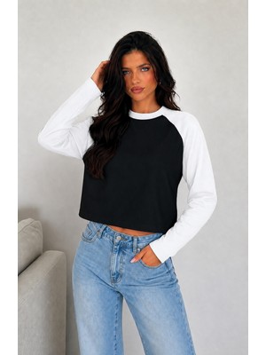 Öz Pamuk Kadın Soft Şardonlu Kumaş Bisiklet Yaka Reglan Kol Uzun Kollu Sweatshirtt