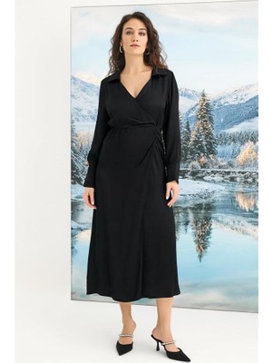 Aria's Closet Arias Closet %100 Viskon Uzun Kollu Saten Elbise