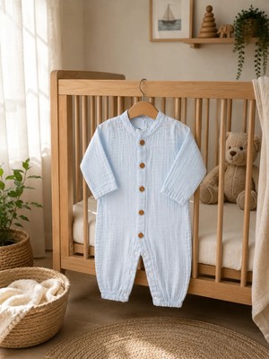 Bebek Star Buz Mavisi Bebek Müslin Tulum %100 Cotton