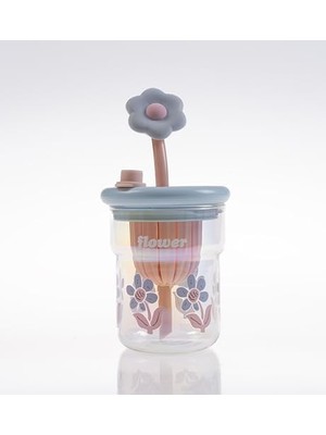 Skygo Revify Çiçek Desenli Cam Içecek Bardağı, Çiçek Temalı Pipetli Bardak, Kapaklı,eglenceli ve Dekoratif Tasarım, Mor,pembe,mavi,ve Yeşil Renk Seçenekleri (Mavi)