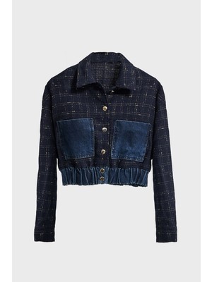 It's Basic Kadın Koyu Kot Rengi T 2W5-7 Dokuma Denim Kumaş Karışımlı Önü Düğmeli Özel Tasarım Bomber Ceket