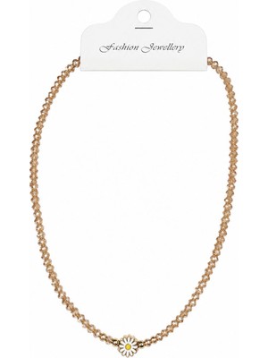 Bartuva Design Şampanya Kristal Boncuklu Papatya Figürlü Gold Detaylı Kadın Kolye 🌼✨