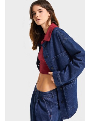 It's Basic Kadın Koyu Mavi Renk 1W5-149 Oversize Yaka Detaylı Bol Kesim Özel Tasarım Denim Ceket