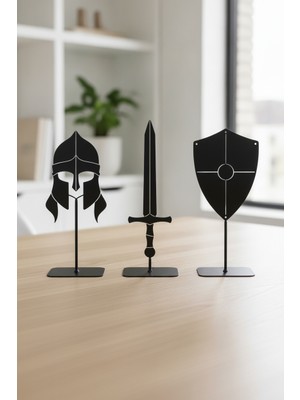 Bafidica Ortaçağ Savaşçı Seti Miğfer Kılıç Kalkan Dekoratif Metal Ofis Dekoru Obje Siyah Yükseklik: 18 cm Üçlü Set