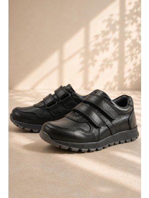 Rakerplus Hakiki Deri Siyah Cırtlı Spor Çocuk Ayakkabı Sneaker