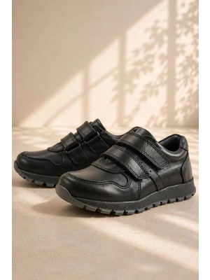 Rakerplus Hakiki Deri Siyah Cırtlı Spor Çocuk Ayakkabı Sneaker