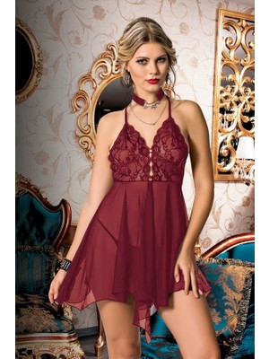 Aria's Closet Arias Closet Bordo Dantel Işlemeli Boyundan Bağlamalı Fantezi Tül Gecelik
