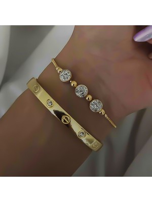Oghamay Altın Renk Kombin Bileklik Seti Cartier Taşlı Bileklik ve Zirkon Macun Bileklik - 1034