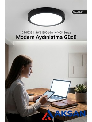 Cata CT-5235 18W Sıva Üstü Yuvarlak LED Panel Armatür Siyah Kasa 6400K Beyaz Işık 1900 Lümen (21 Cm)