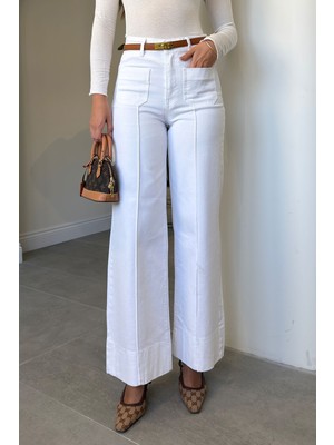 Magarde Önü Çimalı Wide Leg Jean- Beyaz