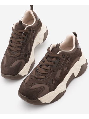Marjin Kadın Sneaker Kalın Taban Bağcıklı Spor Ayakkabı Pizen Kahve