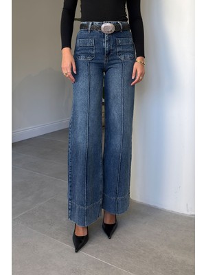 Magarde Önü Çimalı Wide Leg Jean- Koyu Mavi