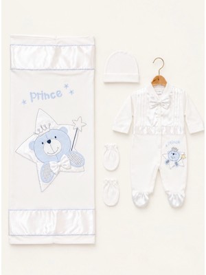 Kardeşler Bebe Erkek Bebek Prens Ayıcık Nakışlı 4 Parça Tulum ve Battaniye Takımı