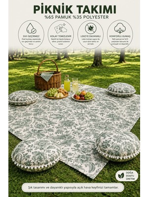Rona Home Sıvı Geçirmez Leke Tutmaz Desenli Piknik Örtüsü Minderli Set Kamp ve Bahçe Masa Örtüsü