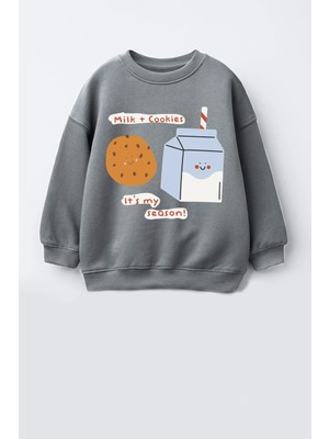 Monila Kız Çocuk 3 Iplik Kumaş  Pamuklu Kurabiye Baskılı Sweatshirt