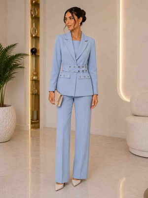 Gülcan Butik Yazmabuz Mavisi Kemer Detaylı Blazer Pantolon Takım 💙
