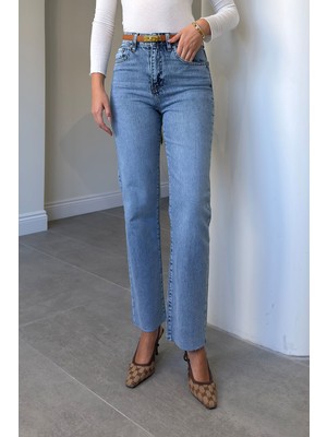 Magarde Yüksek Bel Kesik Paça Straight Fit Jean- Açık Mavi