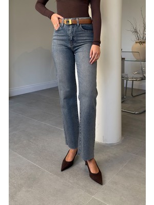Magarde Yüksek Bel Kesik Paça Straight Fit Jean- Mavi
