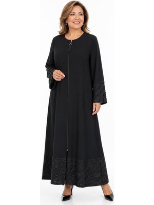 Bihan Store Büyük Beden Boydan Fermuarlı Kolları ve Eteği Işlemeli Kadın Ferace Y26-475-SIYAH