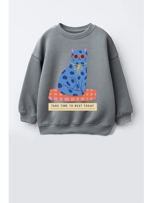 Monila Kız Çocuk 3 Iplik Kumaş  Pamuklu Kedi Baskılı Sweatshirt