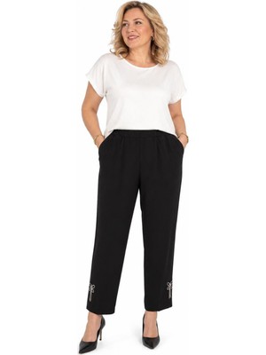 Bihan Store Büyük Beden Beli Lastikli Paçası Taşlı Fiyonk Detaylı Kadın Pantolon Y26-2318-SIYAH