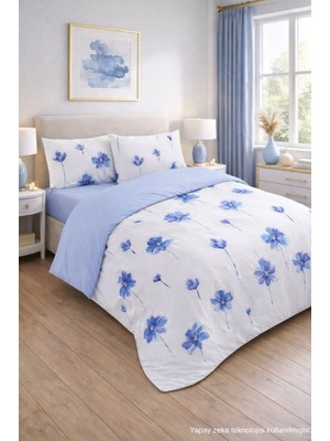 Ely Parker Kolay Ütü 160X200 Çift Kişilik Nevresim Takımı Lastikli Çarşaf Yorgan Kılıfı Yastık Kılıfı) Mavi Çiçek Desenli